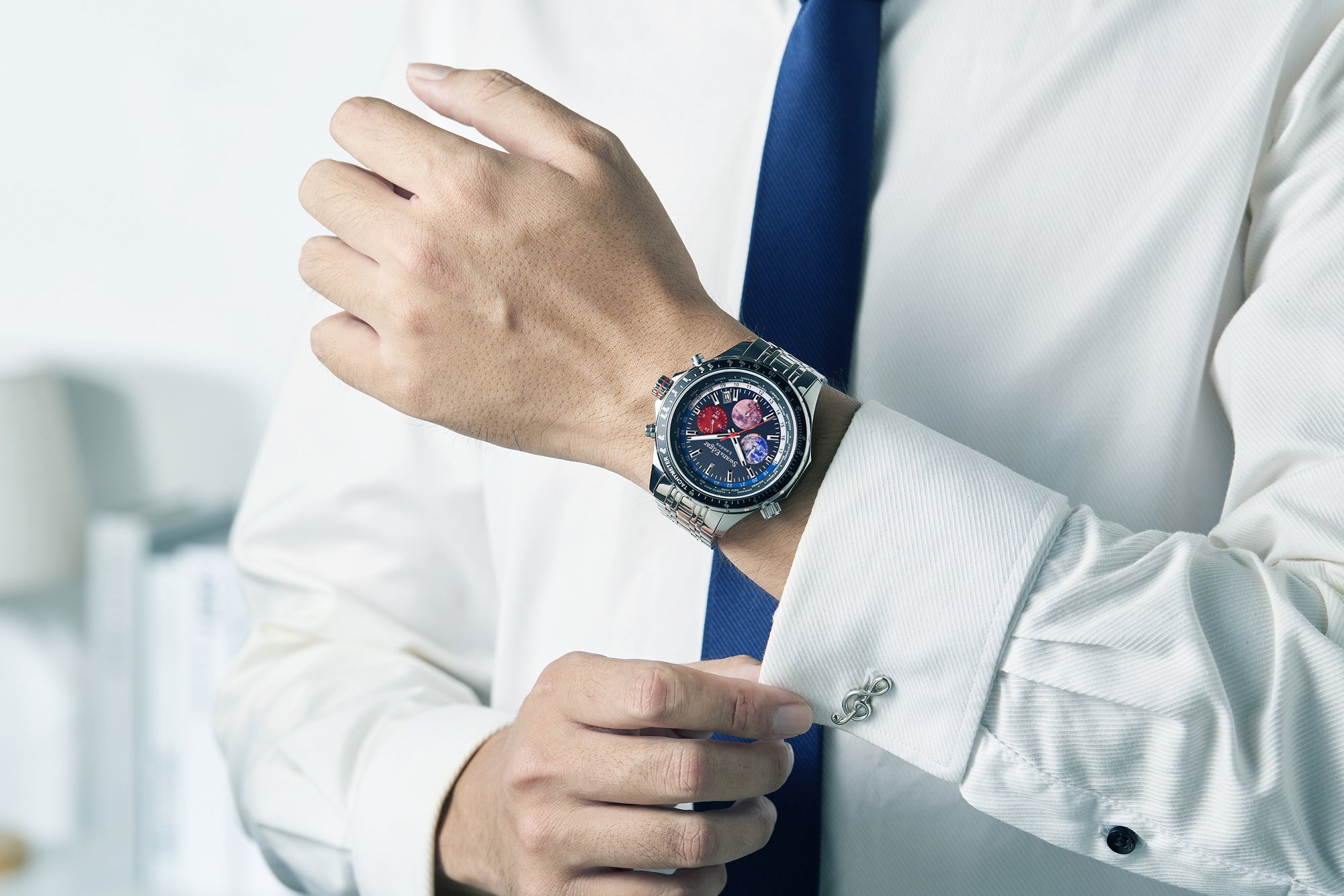 Photo, , World Timer Mechanical Quartz Hybrid- Steel Matt Blue
