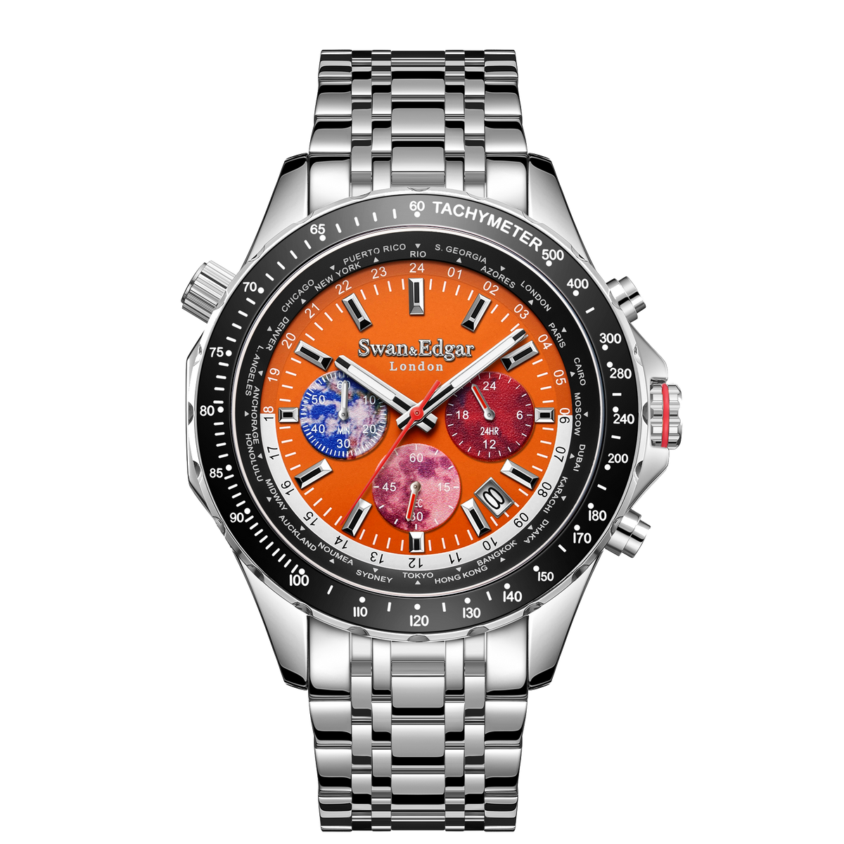 Oversized, World Timer Mechanical Quartz Hybrid- Steel Matt Orange