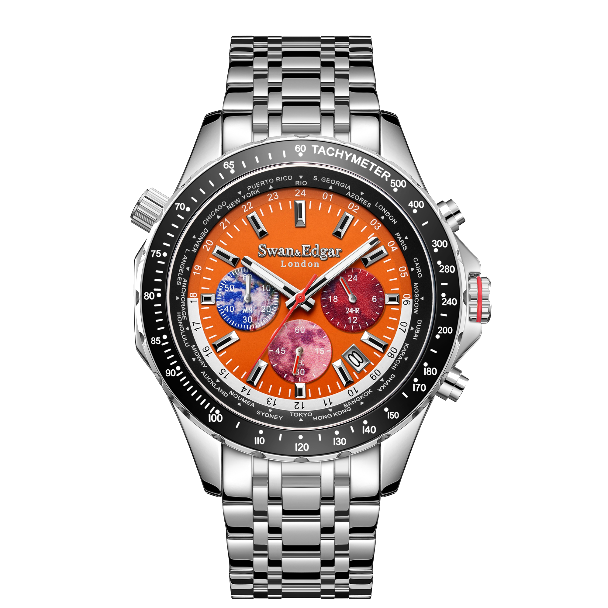 Photo, , World Timer Mechanical Quartz Hybrid- Steel Matt Orange