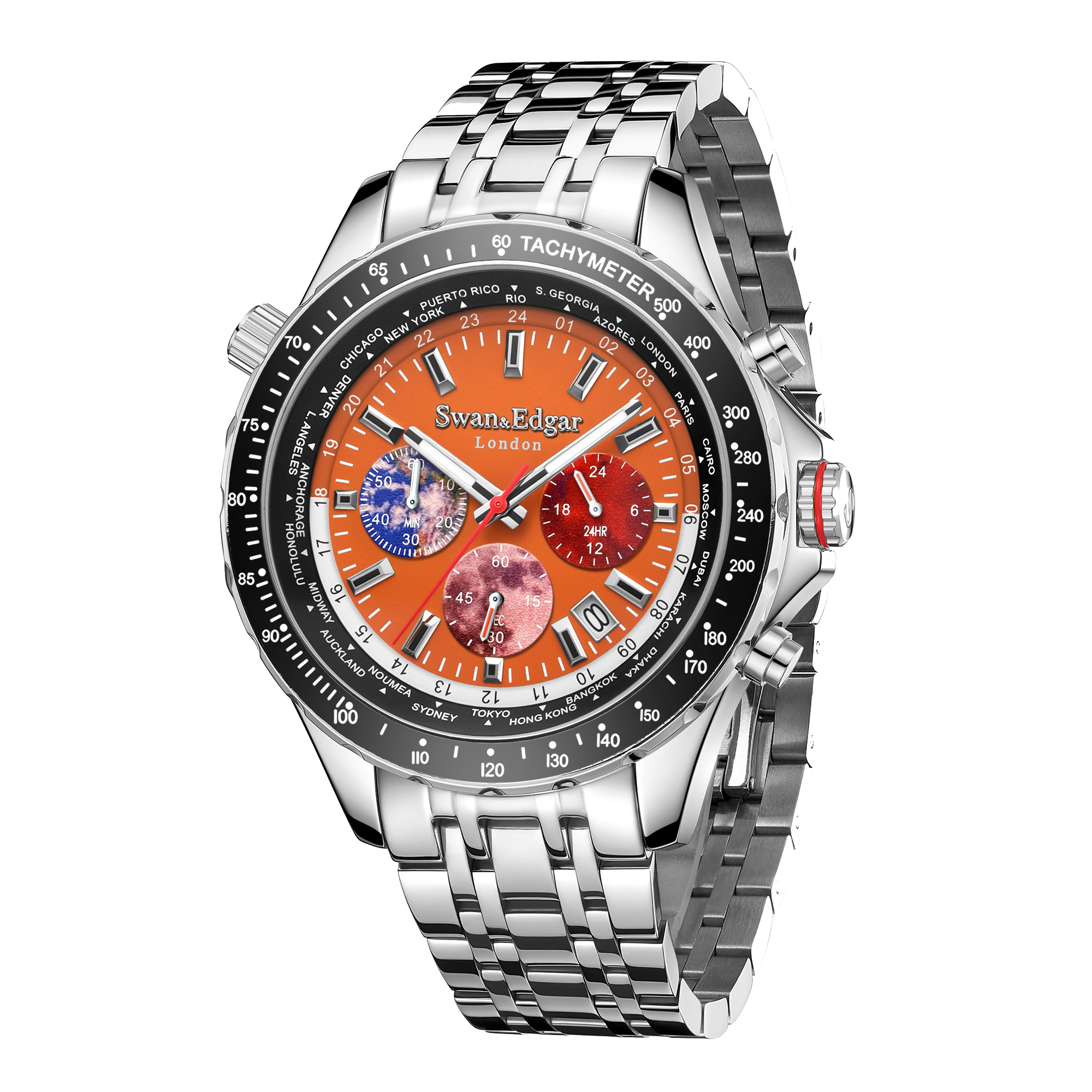 Photo, , World Timer Mechanical Quartz Hybrid- Steel Matt Orange